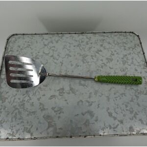 Vintage Slotted Spatula Turner Green Chevron Handle Stainless Steel Kitchen Tool